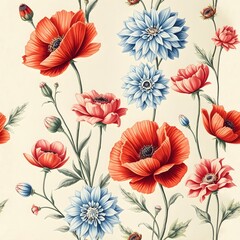 Red poppy and blue dahlia flowers, with delicate green stems and leaves, are depicted in a repeating pattern on a light background