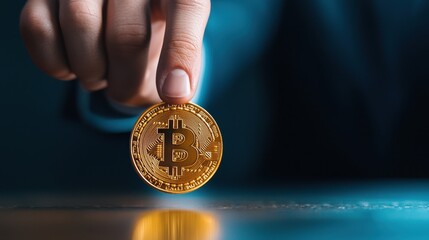 A hand holding a gold Bitcoin on a reflective surface.