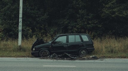 Damaged black car wrecked on roadside near forest.