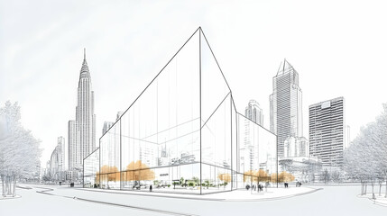 Architectural sketch of modern building in city.
