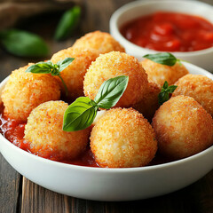 Crispy Italian Arancini with Mozzarella Filling, Golden Breaded Coating, and Fresh Tomato Basil Sauce for a Gourmet Appetizer