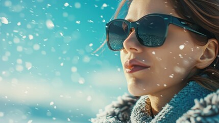 Naklejka premium A stylish young woman enjoys winter, clad in sunglasses, surrounded by gentle snowflakes, radiating warmth and joy.