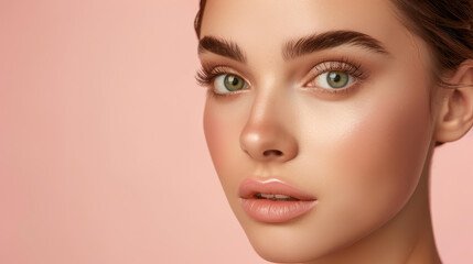 Fototapeta premium Discover the art of glamour with a fashionable woman showcasing bright makeup and shiny lips in a captivating portrait.