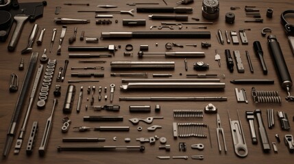 Fototapeta premium Flat lay of various metal parts and tools on wood.