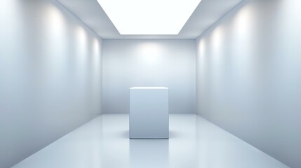 A sleek, minimalist exhibition space featuring a pedestal and stylish overhead lights, perfect for showcasing art or products.