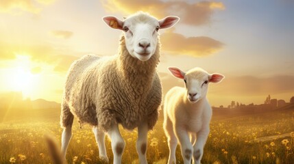 Obraz premium A mother sheep and her lamb bask in the warm glow of the sunset, creating a serene meadow scene.