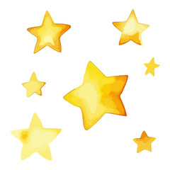 Obraz premium Hand drawn watercolor painting of a yellow stars in various sizes with soft texture isolated on a white background. Vector design for dreamy designs, children's projects
