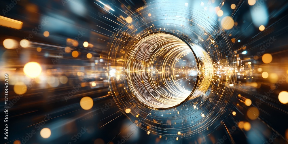Poster dynamic swirl of golden light particles creating an abstract visual representation of energy and mot