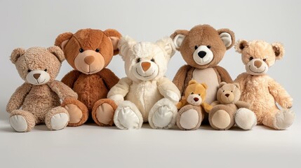 A charming row of plush toys, each one showcasing unique colors and designs, waiting to be adopted on a  white backdrop.