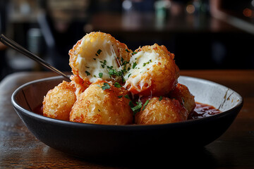 Traditional Italian Arancini Filled with Mozzarella and Served with Tomato Sauce and Fresh Herbs for a Perfect Gourmet Appetizer