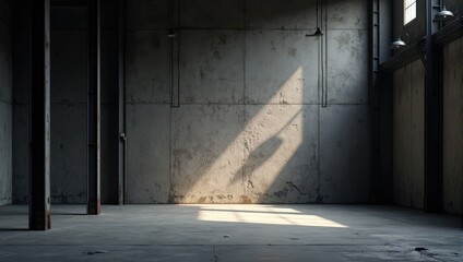A striking indoor scene featuring a symmetrical arrangement of expansive, gray rectangular concrete panels stacked vertically. A notable feature runs centrally across this robust, textured backdrop