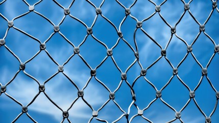 Fototapeta premium A vibrant soccer football net stands tall against a backdrop of a clear blue sky and fluffy white clouds.