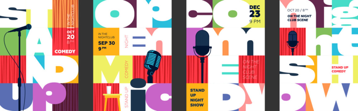 Bold geometric stand up comedy poster set with brutalist design featuring microphones, comedians and vibrant elements. Trendy artwork for comedy shows, club events and nightlife promotions