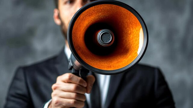 A focused speaker delivers important messages using a megaphone, emphasizing clarity and professionalism in a corporate setting.