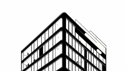 Black and white illustration of a modern building with visible interior spaces and people.