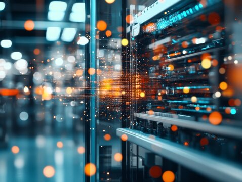 Data centers showcase high-tech server functionalities in a vibrant digital environment