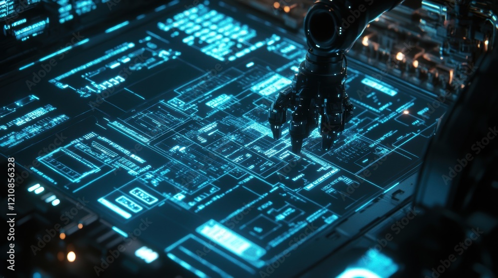 Poster robotic hand with metallic fingers is touching a futuristic glowing blue interface, potentially cont