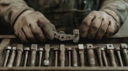 Dirty hands of a mechanic inspecting a small metal part over a toolbox filled with various tools.