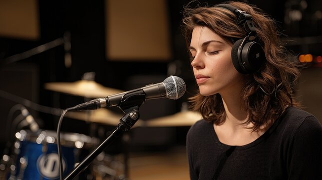 Live music performance by female vocalist in studio setting capturing emotions and artistic vibe