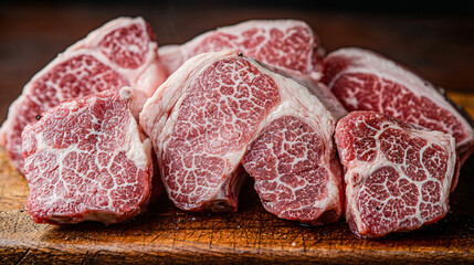 A close-up of fresh pork cuts on a wooden cutting board, highlighting the marbling and texture of the meat, with soft, natural lighting.