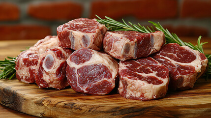 Fototapeta premium A close-up of fresh pork cuts on a wooden cutting board, highlighting the marbling and texture of the meat, with soft, natural lighting.