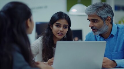 Professional indian teacher, executive or mentor helping latin student, new employee, teaching intern, explaining online job using laptop computer, talking, having teamwork discussion in office.