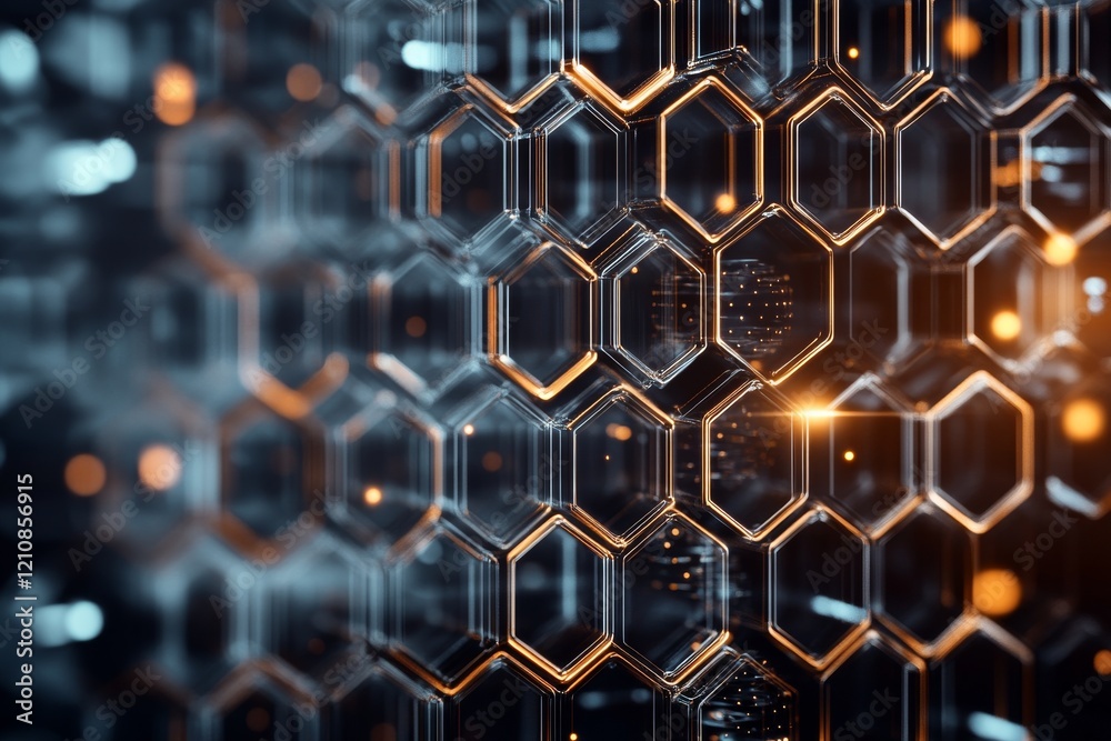 Poster abstract 3d geometric pattern with glowing hexagonal shapes illuminated in dark space