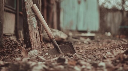 Old shovel leaning against weathered wood in a garden.