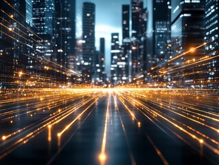 Fototapeta premium Dynamic city skyline with vibrant light trails at night, showcasing urban energy and movement