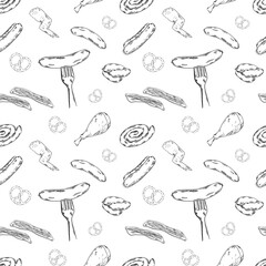 Barbecue bbq seamless pattern for textile or wrapping paper with sausages, bacon, pork, chicken, pretzel, beer snacks and other unhealthy meal for pub bar restaurant menu, meat snacks, fork, food 
