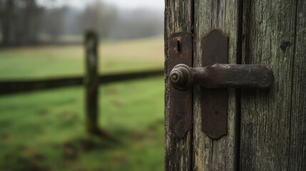 Rusted door handle on old wooden door, blurry green field background.