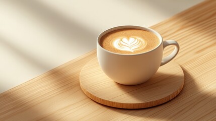 Obraz premium Latte art, sunlight, wooden table, cafe, morning