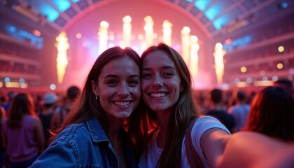 Two young women enjoy concert in giant indoor arena. Taking selfie smiling at camera. Arena filled with people enjoying show. Fireworks going off on stage. Vibrant, fun night out.