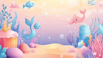 Mermaid birthday party for baby poster template. Cartoon cute girls invite, sea fish and underwater tale world elements. Little princess nowaday vector background