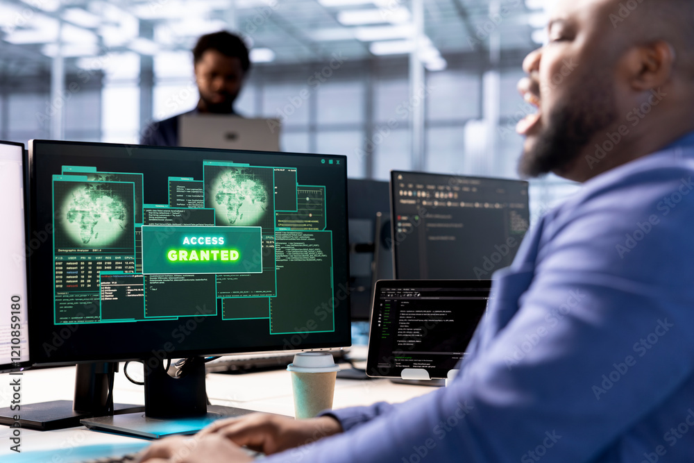 Poster software developer in data center getting access granted notification on pc screen, managing to acce