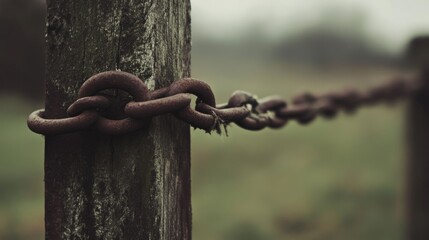 Rusty chain linked to weathered wooden post, blurred background.