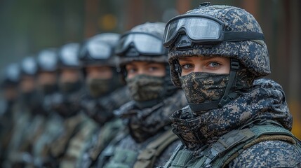 Fototapeta premium Military personnel in tactical gear line up for training exercise in a forested area during early morning hours