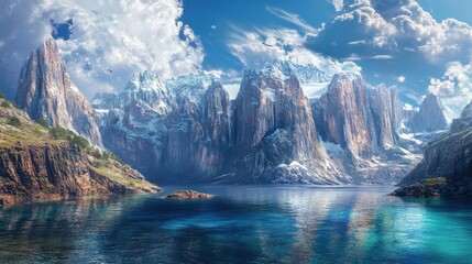 Ocean waves crash between rocky cliffs creating a dramatic seascape on a sunny day
