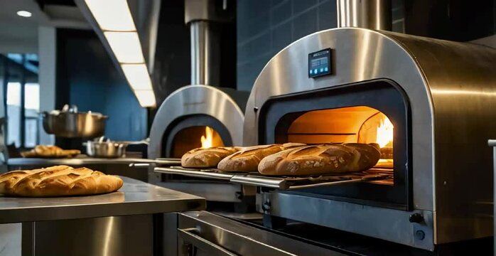 a traditional wood-fired oven with crackling fire, a modern electric bread oven with digital controls, and a gas oven in a sleek commercial kitchen.