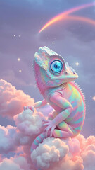 Obraz premium 3D render of Surrealism Blue sky with pink clouds, soft rainbow color chameleon. 300dpi