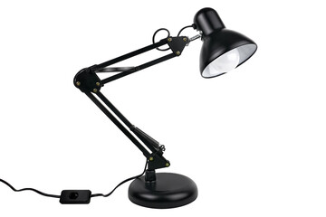 Black table metal lamp with wire and switch isolated on white background. Adjustable flexible desk lamp