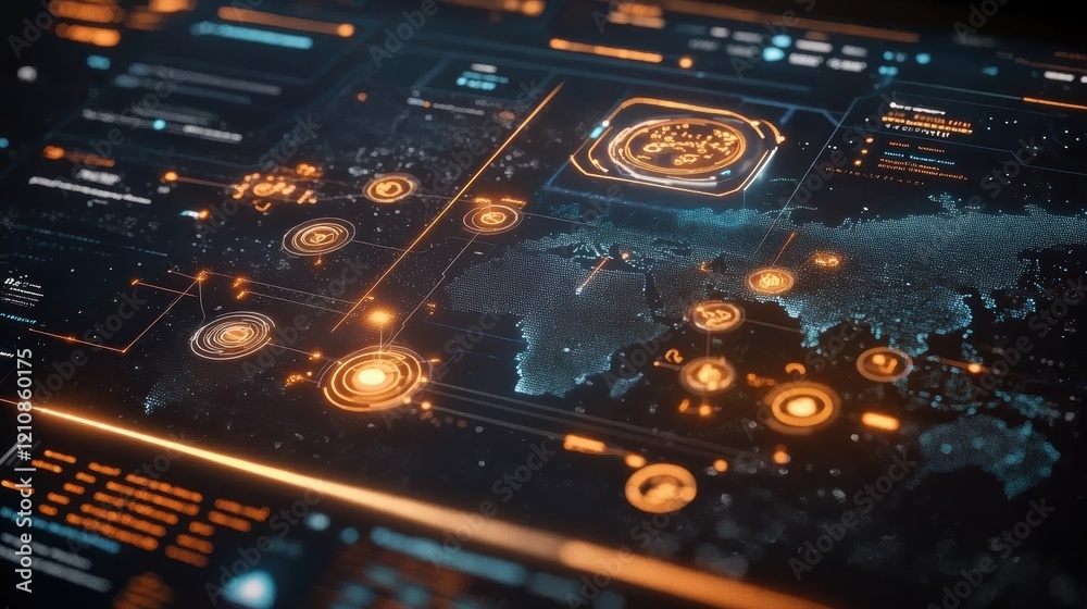 Aufkleber futuristic digital interface showing a world map with data points and various analytical charts, rep