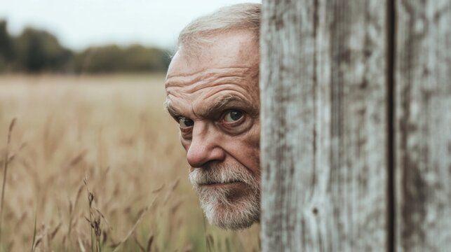 Senior man peeking from behind wooden post in field.