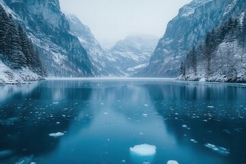 cracks spiderweb across the surface of a blue ice lake surrounded by snowcovered mountains under a gentle snowfall creating a peaceful winter landscape
