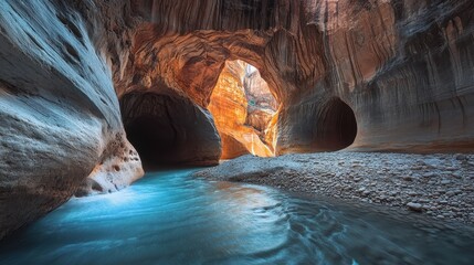 Ocean waves crash between rocky cliffs creating a dramatic seascape on a sunny day