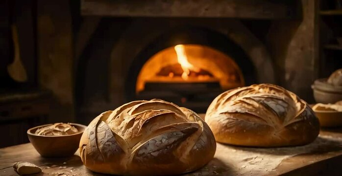 A beautifully crafted artisan bread oven in a rustic kitchen setting, surrounded by freshly baked sourdough loaves on a wooden countertop