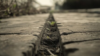 Small plant growing through cracked pavement.