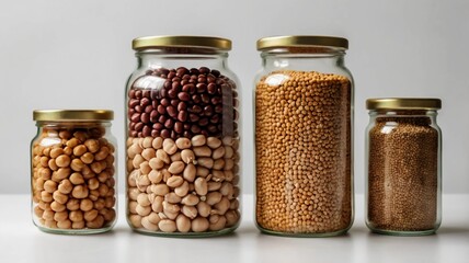 Various legumes: beans, chickpeas, buckwheat, lentils in glass jars on a white background. Healthy vegetarian food, vegetable protein, plant based diet concept.