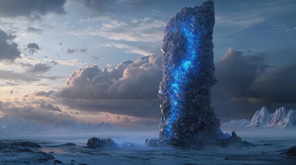 A towering column of layered, jagged rocks, interwoven with crystalline structures glowing faintly blue