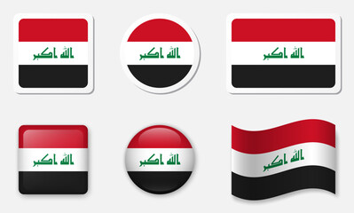 Flag of Iraq icons collection. Flat stickers and 3d glass vector elements on white background.